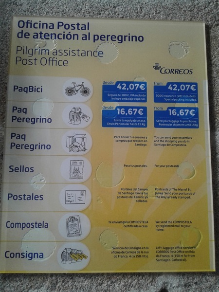 サンティアゴ・デ・コンポステーラの郵便局で見かけた料金表